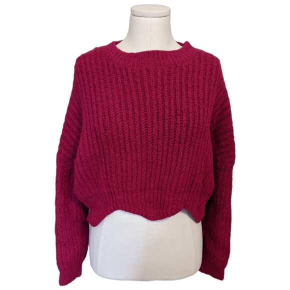 Womens Magenta Chunky Knit Cropped Sweater Jumper Pullover Zig Zag Hem Boxy Sz S - Picture 1 of 7